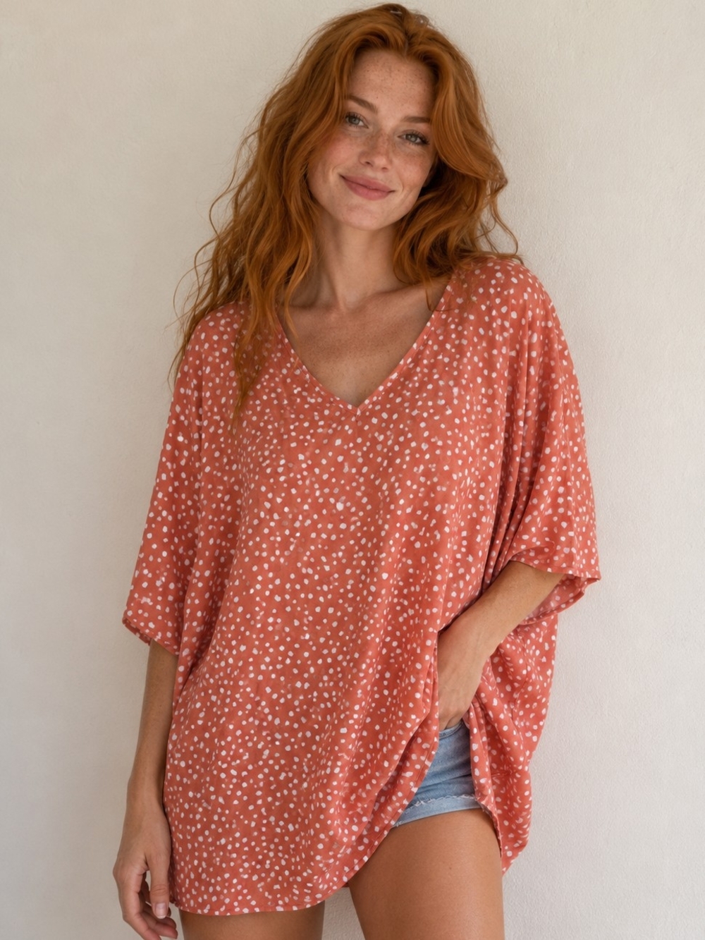 T61 Twenty Ten Oversized Caftan Style Top Flowy V-Neck Relaxed Wide Cut Sleeves